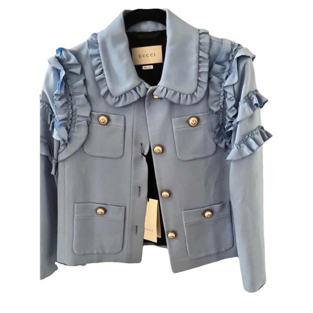 FABULOUS GUCCI Blue Ruffle Blazer with Gold buttons Size Large